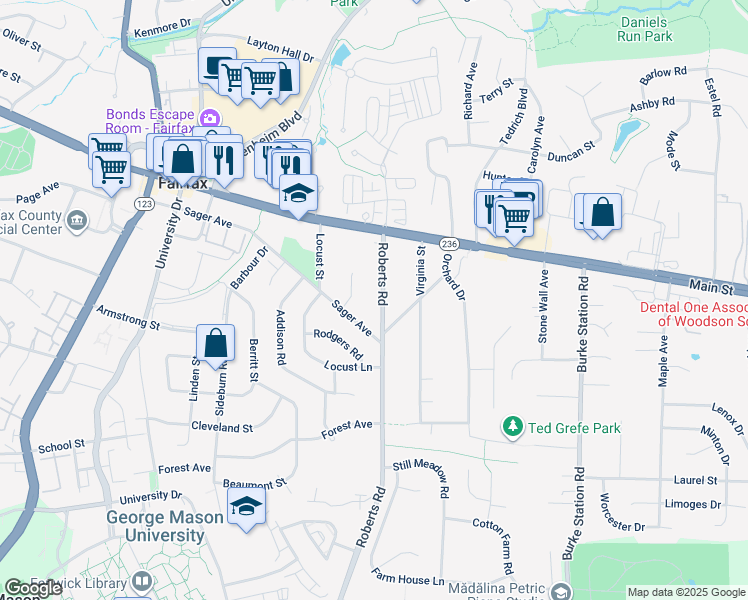 map of restaurants, bars, coffee shops, grocery stores, and more near 4032 Roberts Road in Fairfax