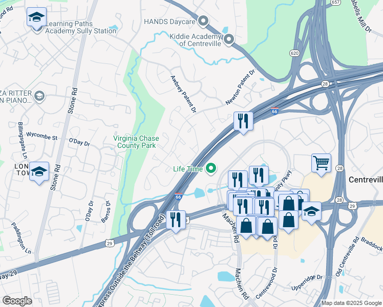 map of restaurants, bars, coffee shops, grocery stores, and more near 6012 Havener House Way in Centreville