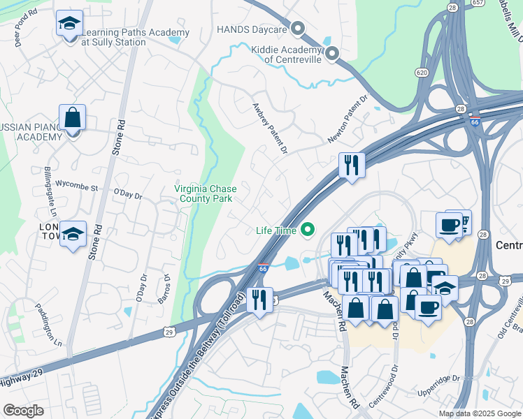 map of restaurants, bars, coffee shops, grocery stores, and more near 6039 Netherton Street in Centreville