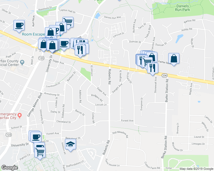 map of restaurants, bars, coffee shops, grocery stores, and more near 4032 Roberts Road in Fairfax