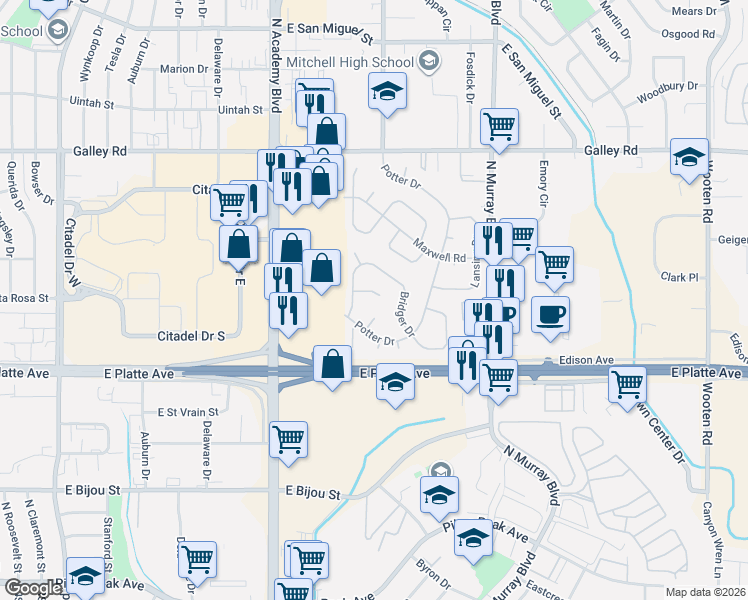 map of restaurants, bars, coffee shops, grocery stores, and more near 619 Bridger Lane in Colorado Springs