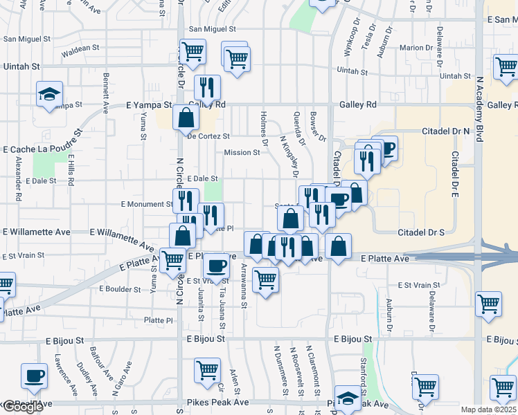 map of restaurants, bars, coffee shops, grocery stores, and more near 3304 Santa Rosa Street in Colorado Springs