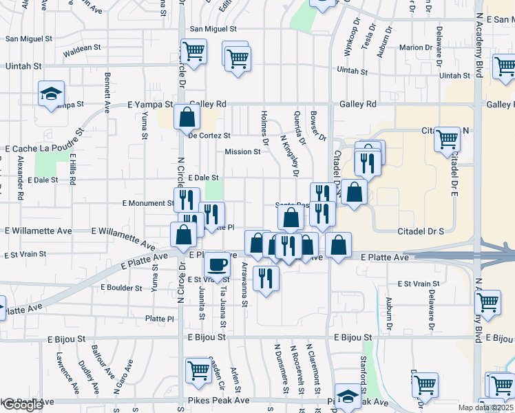 map of restaurants, bars, coffee shops, grocery stores, and more near 3304 Santa Rosa Street in Colorado Springs