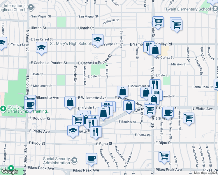 map of restaurants, bars, coffee shops, grocery stores, and more near 705 East Hills Road in Colorado Springs