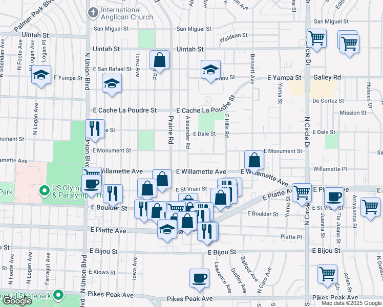 map of restaurants, bars, coffee shops, grocery stores, and more near in Colorado Springs