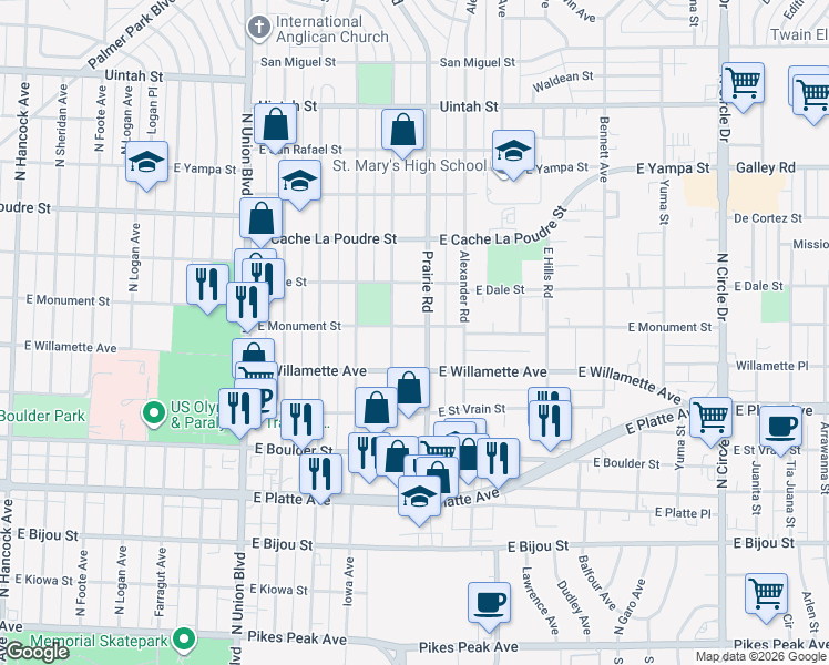 map of restaurants, bars, coffee shops, grocery stores, and more near 2202 East Monument Street in Colorado Springs