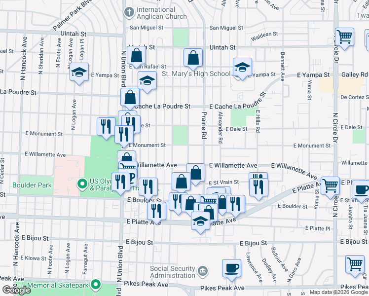 map of restaurants, bars, coffee shops, grocery stores, and more near 2202 East Monument Street in Colorado Springs