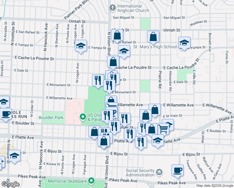 map of restaurants, bars, coffee shops, grocery stores, and more near 1824 East Monument Street in Colorado Springs