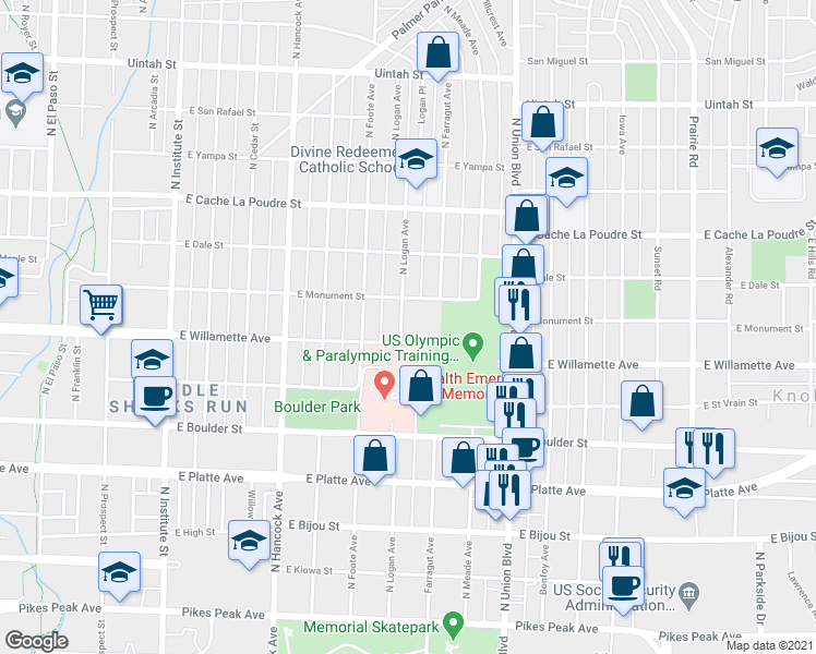 map of restaurants, bars, coffee shops, grocery stores, and more near 624 North Logan Avenue in Colorado Springs