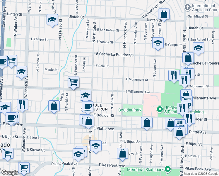 map of restaurants, bars, coffee shops, grocery stores, and more near 616 North Cedar Street in Colorado Springs