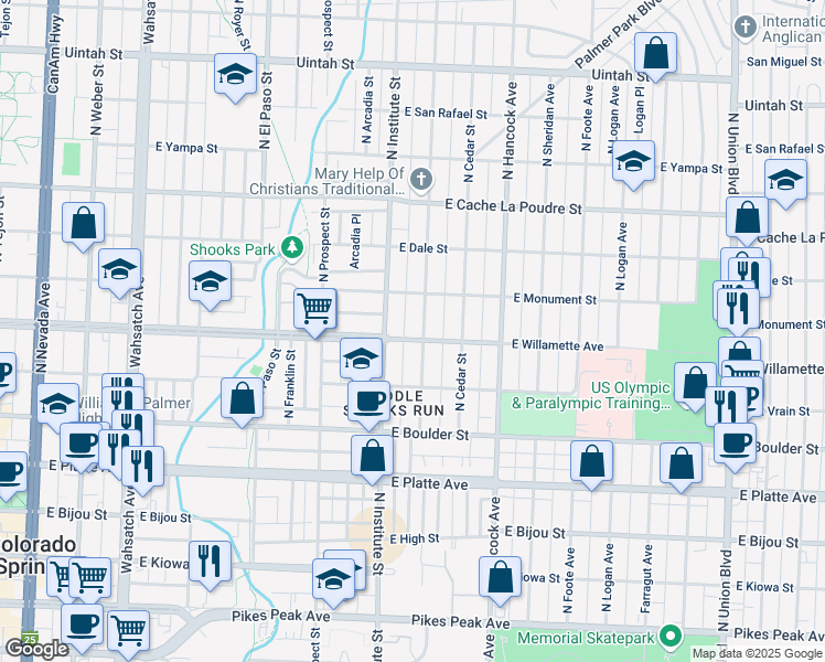 map of restaurants, bars, coffee shops, grocery stores, and more near 618 Custer Avenue in Colorado Springs
