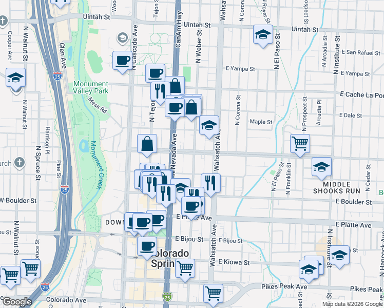 map of restaurants, bars, coffee shops, grocery stores, and more near 224 East Willamette Avenue in Colorado Springs