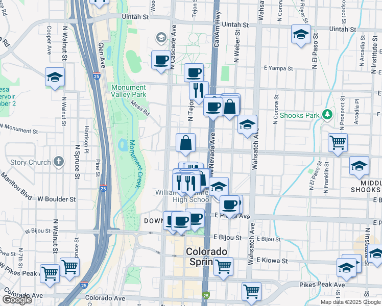 map of restaurants, bars, coffee shops, grocery stores, and more near 604 North Tejon Street in Colorado Springs