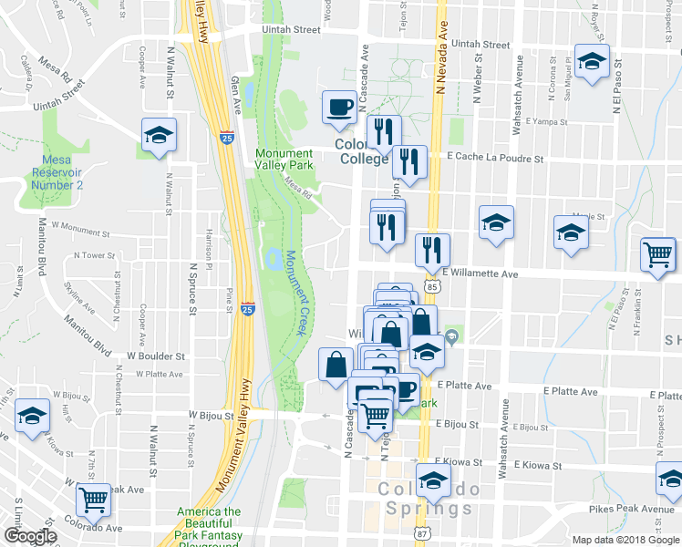 map of restaurants, bars, coffee shops, grocery stores, and more near 16 West Willamette Avenue in Colorado Springs