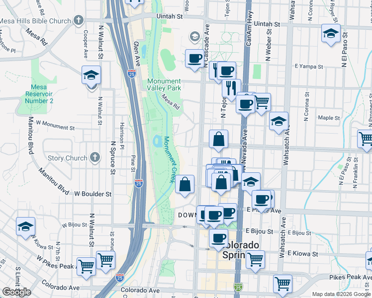 map of restaurants, bars, coffee shops, grocery stores, and more near 16 West Willamette Avenue in Colorado Springs