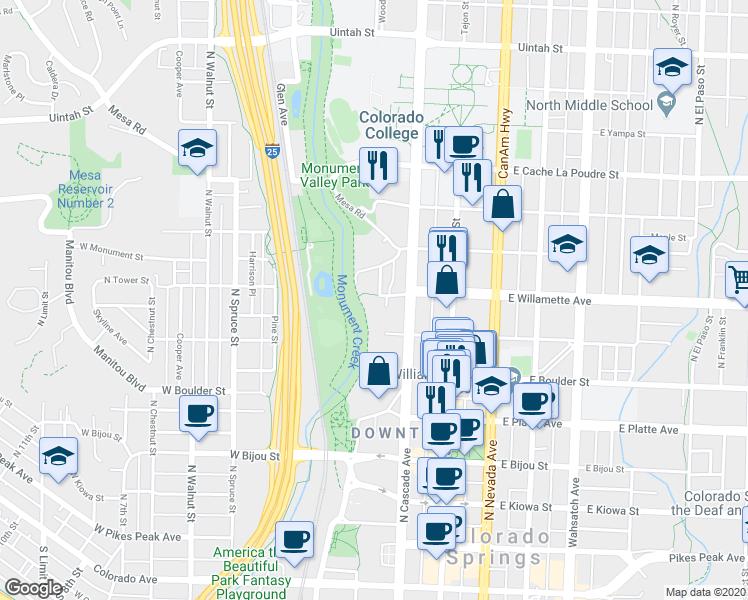 map of restaurants, bars, coffee shops, grocery stores, and more near 16 West Willamette Avenue in Colorado Springs
