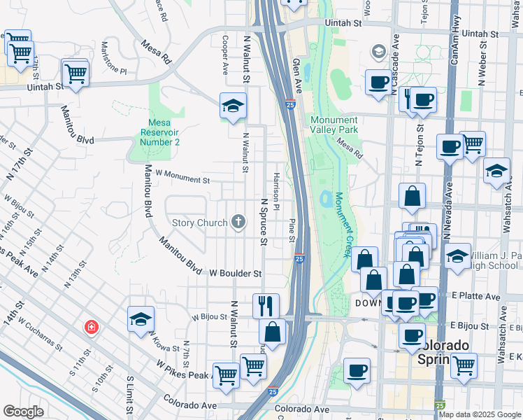 map of restaurants, bars, coffee shops, grocery stores, and more near 619 North Spruce Street in Colorado Springs