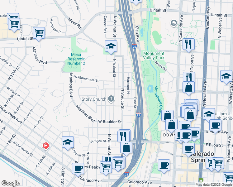 map of restaurants, bars, coffee shops, grocery stores, and more near 623 North Walnut Street in Colorado Springs