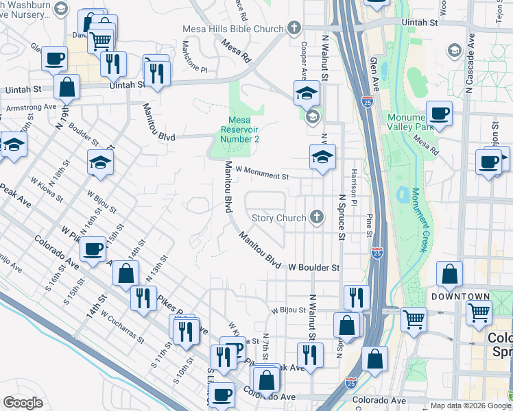 map of restaurants, bars, coffee shops, grocery stores, and more near 639 North Tower Street in Colorado Springs