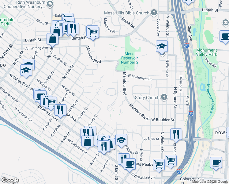 map of restaurants, bars, coffee shops, grocery stores, and more near 575 Observatory Drive in Colorado Springs