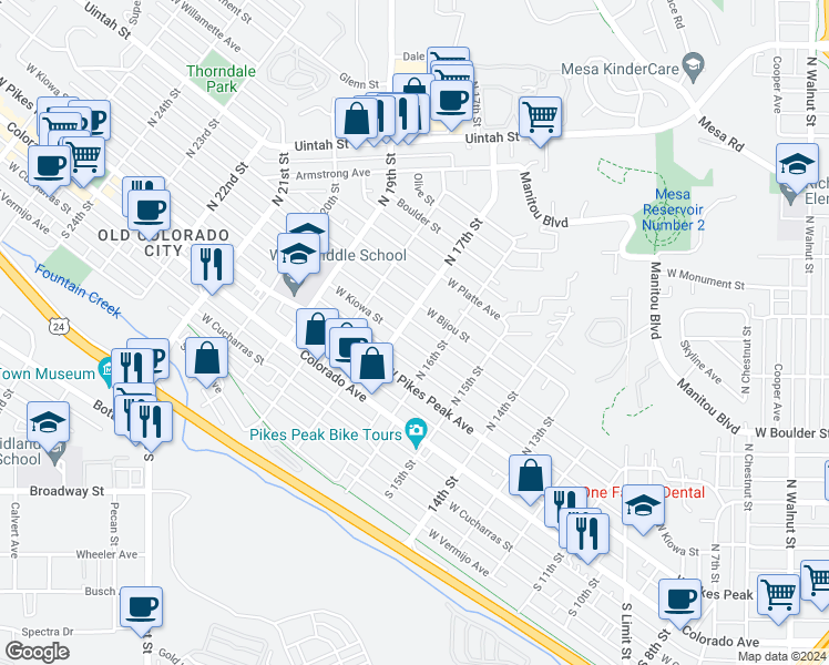 map of restaurants, bars, coffee shops, grocery stores, and more near 1625 West Bijou Street in Colorado Springs