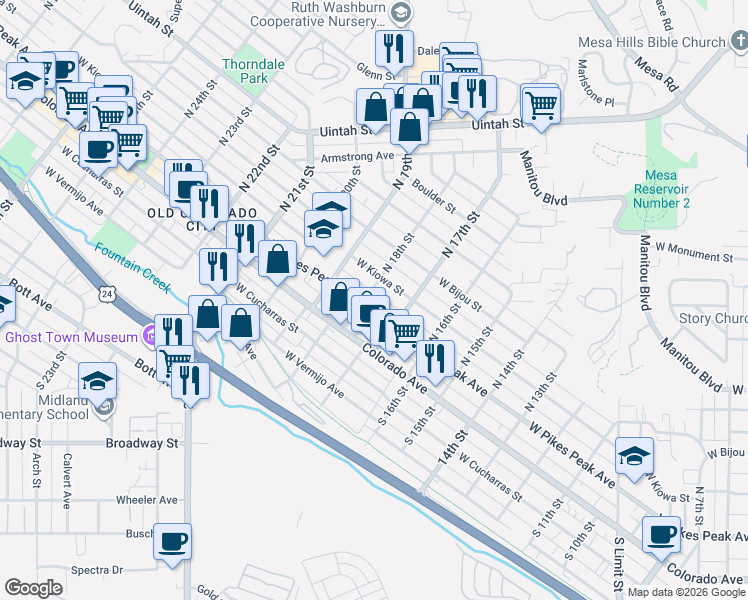 map of restaurants, bars, coffee shops, grocery stores, and more near 12 North 18th Street in Colorado Springs