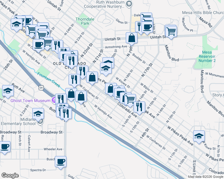 map of restaurants, bars, coffee shops, grocery stores, and more near 1829 West Pikes Peak Avenue in Colorado Springs
