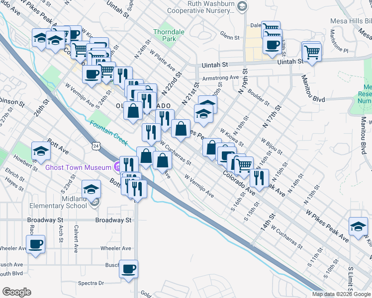 map of restaurants, bars, coffee shops, grocery stores, and more near 1916 West Colorado Avenue in Colorado Springs