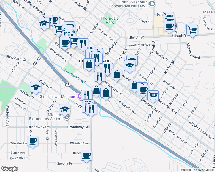 map of restaurants, bars, coffee shops, grocery stores, and more near 2006 West Cucharras Street in Colorado Springs