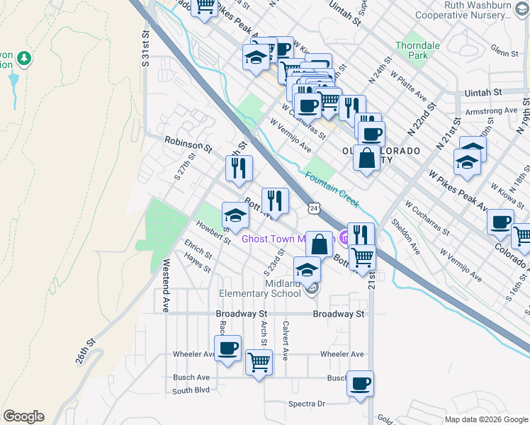 map of restaurants, bars, coffee shops, grocery stores, and more near in Colorado Springs