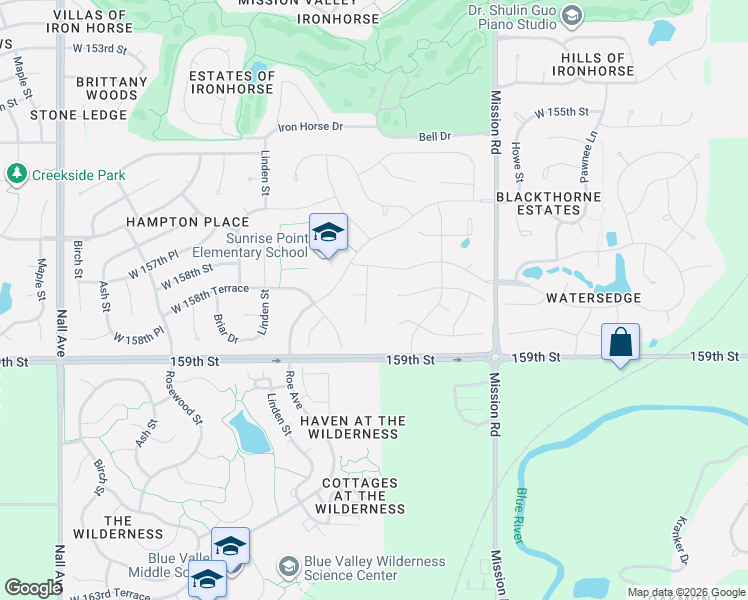 map of restaurants, bars, coffee shops, grocery stores, and more near 4309 West 158th Street in Overland Park