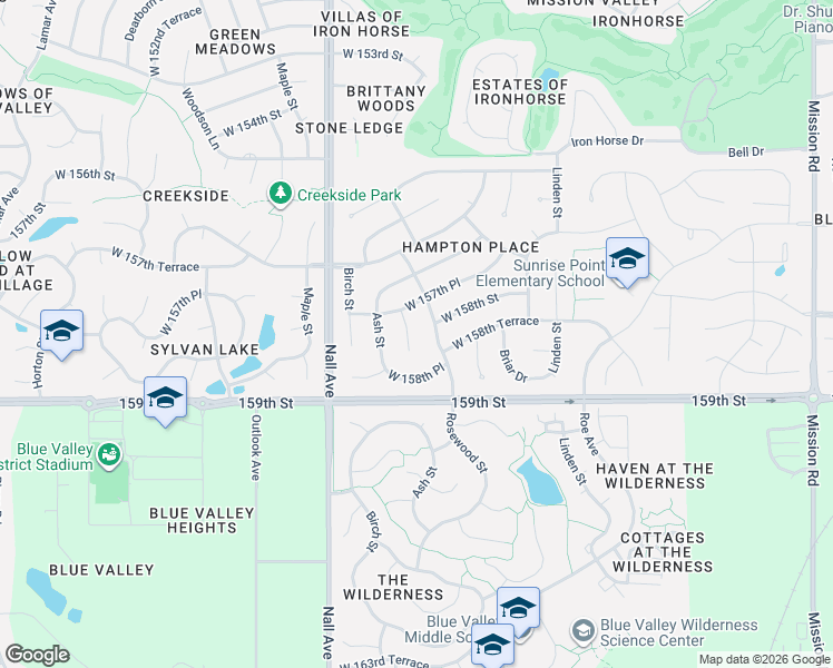 map of restaurants, bars, coffee shops, grocery stores, and more near 15738 Rosewood Drive in Overland Park