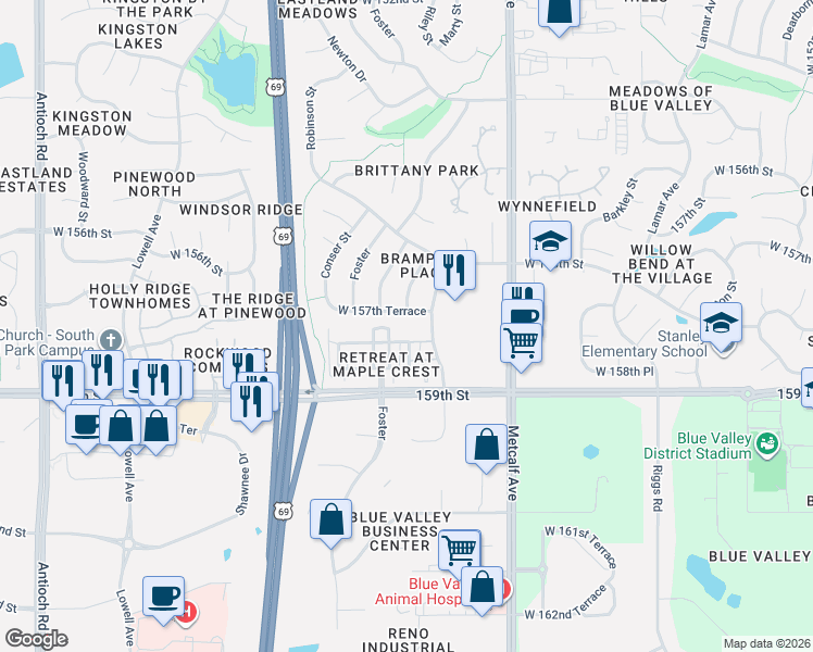map of restaurants, bars, coffee shops, grocery stores, and more near 7345 West 157th Terrace in Overland Park
