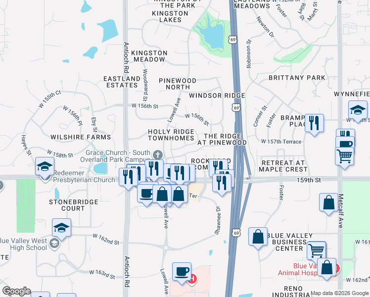 map of restaurants, bars, coffee shops, grocery stores, and more near 7880 West 157th Terrace in Overland Park