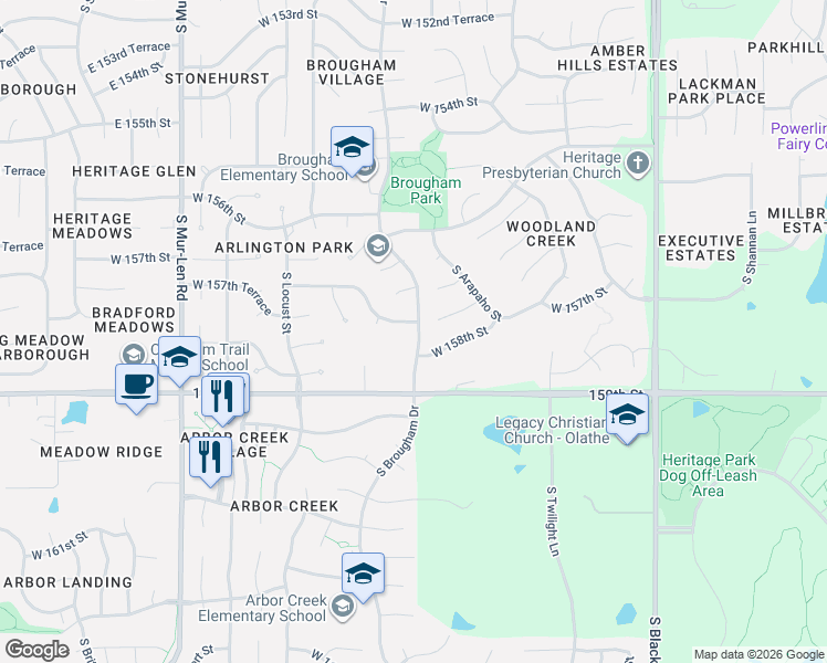 map of restaurants, bars, coffee shops, grocery stores, and more near 15896 West 157th Terrace in Olathe
