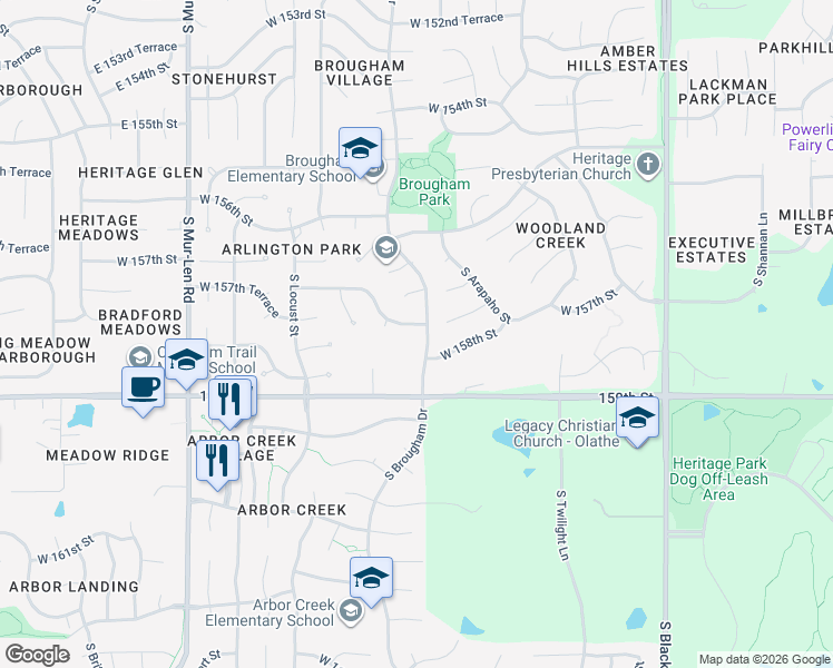 map of restaurants, bars, coffee shops, grocery stores, and more near 16132 West 157th Terrace in Olathe