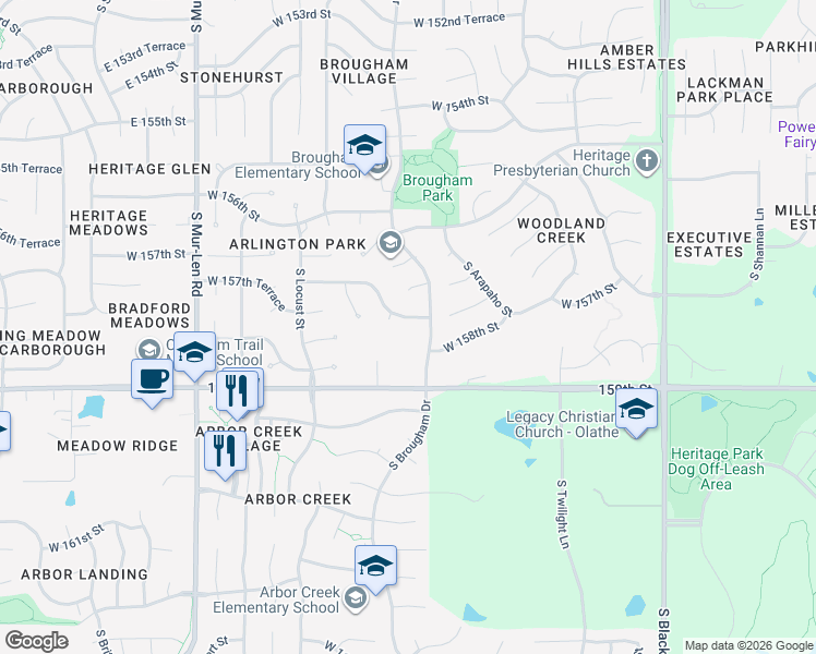 map of restaurants, bars, coffee shops, grocery stores, and more near 16132 West 157th Terrace in Olathe