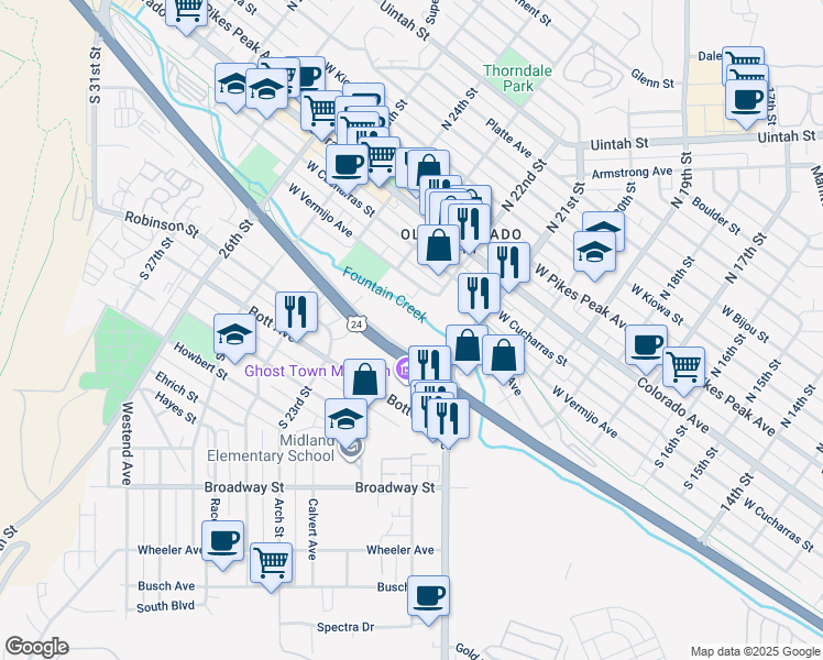 map of restaurants, bars, coffee shops, grocery stores, and more near 2130 Naegele Road in Colorado Springs