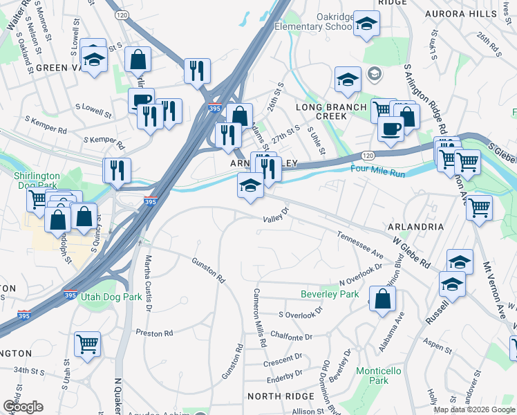 map of restaurants, bars, coffee shops, grocery stores, and more near 1115 Martha Custis Drive in Alexandria