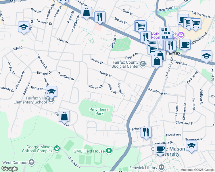 map of restaurants, bars, coffee shops, grocery stores, and more near 10641 Ashby Place in Fairfax