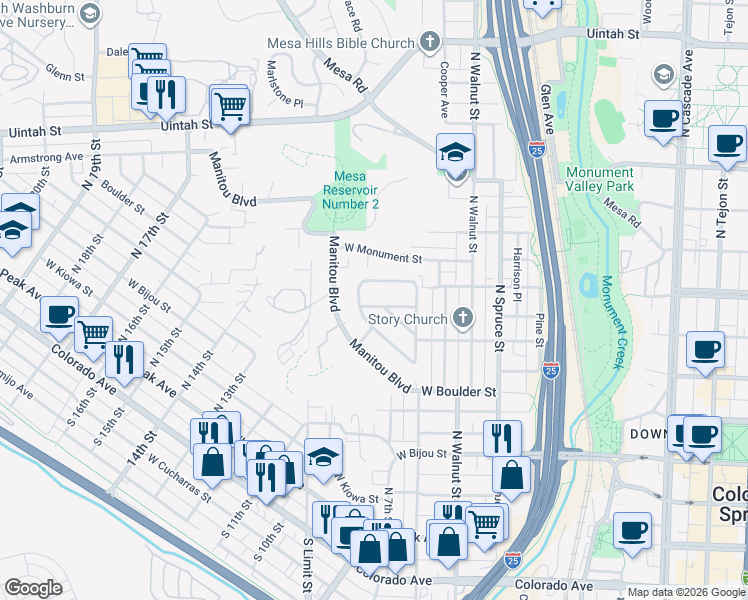 map of restaurants, bars, coffee shops, grocery stores, and more near 639 North Tower Street in Colorado Springs