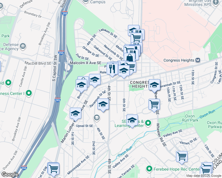 map of restaurants, bars, coffee shops, grocery stores, and more near 3222 4th Street Southeast in Washington