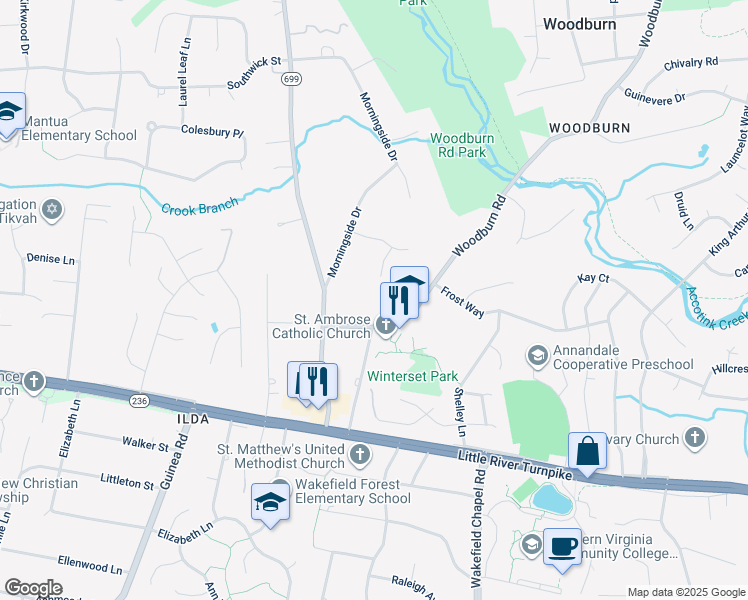 map of restaurants, bars, coffee shops, grocery stores, and more near 3810 Woodburn Road in Annandale