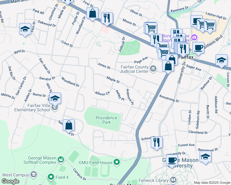 map of restaurants, bars, coffee shops, grocery stores, and more near 10641 Ashby Place in Fairfax