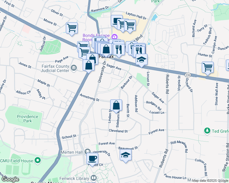 map of restaurants, bars, coffee shops, grocery stores, and more near 10419 Courthouse Drive in Fairfax