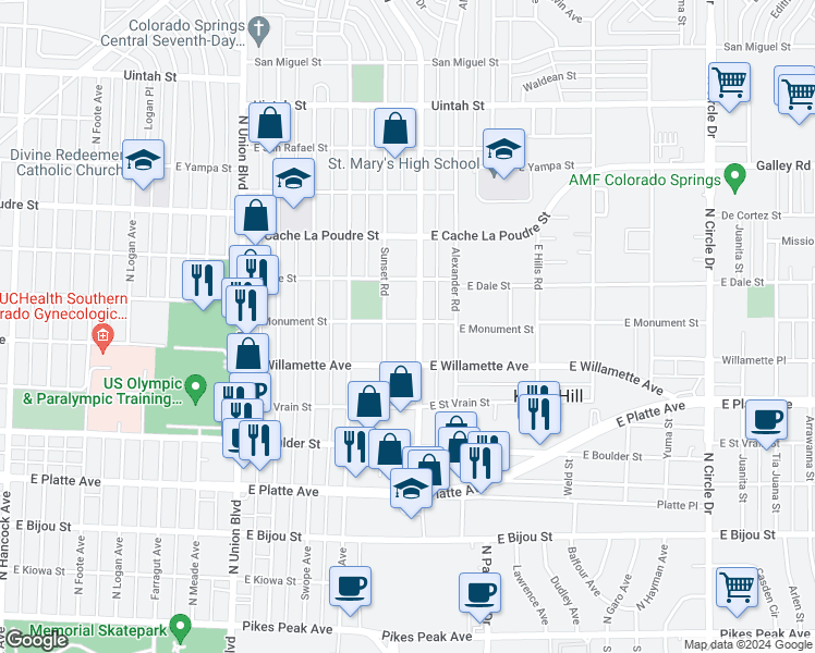 map of restaurants, bars, coffee shops, grocery stores, and more near 2229 East Monument Street in Colorado Springs