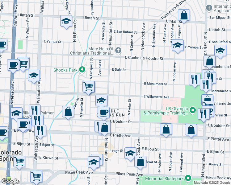 map of restaurants, bars, coffee shops, grocery stores, and more near 618 Custer Avenue in Colorado Springs