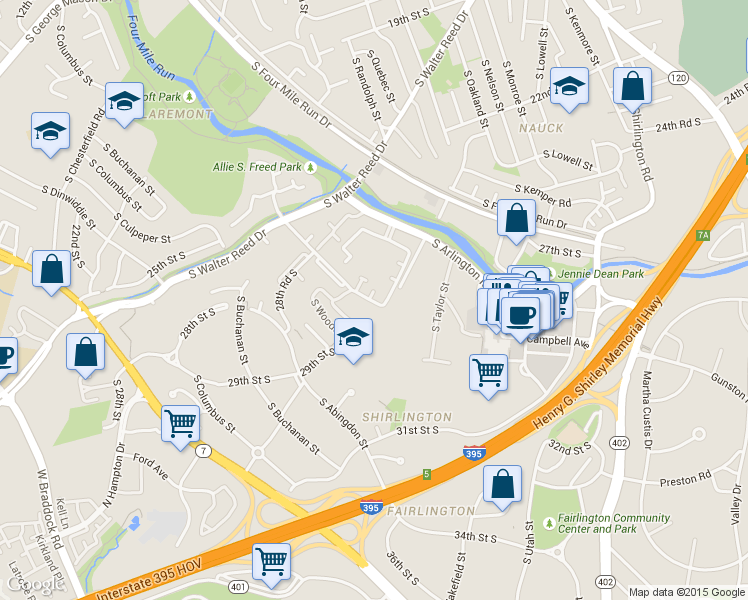 map of restaurants, bars, coffee shops, grocery stores, and more near 2572 South Arlington Mill Drive in Arlington