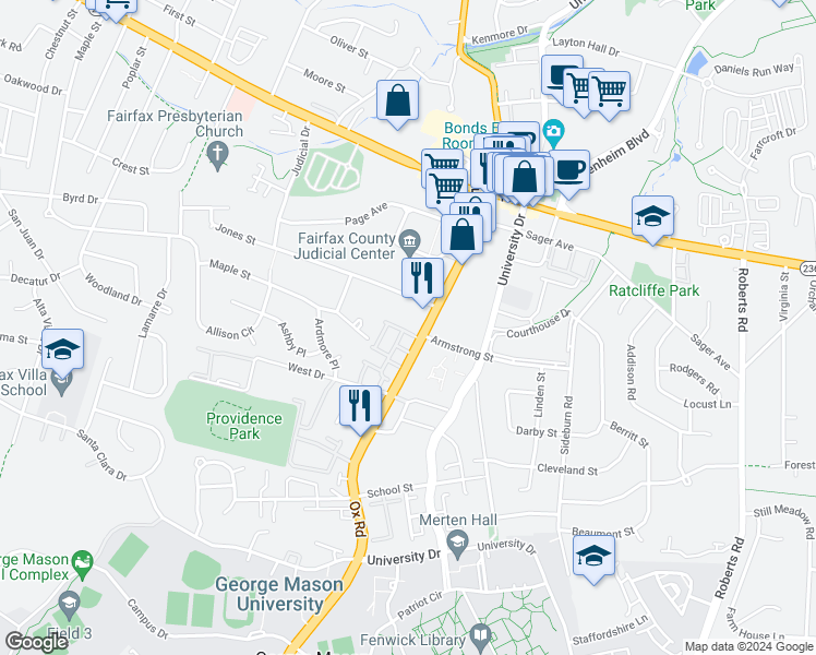 map of restaurants, bars, coffee shops, grocery stores, and more near 10508 James Wren Way in Fairfax