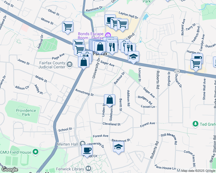 map of restaurants, bars, coffee shops, grocery stores, and more near 10419 Courthouse Drive in Fairfax